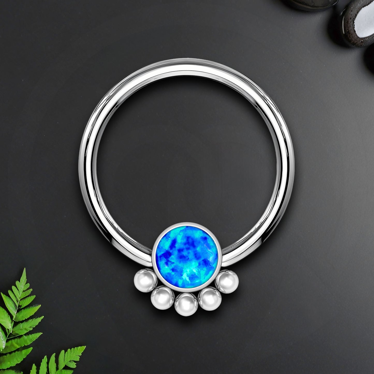 Titanium Captive Bead Ring with Blue Opal and Five Beads