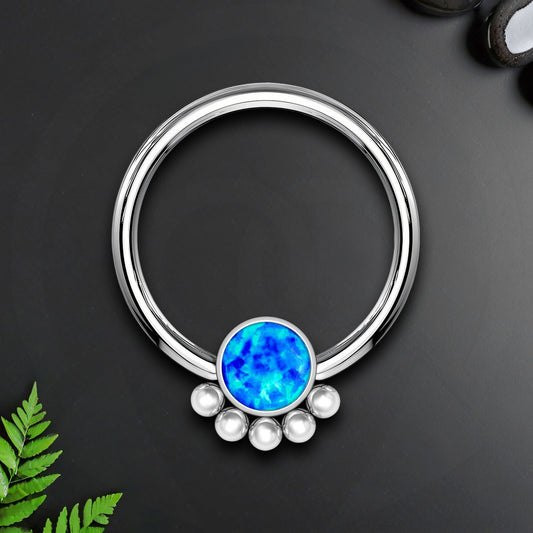 Titanium Captive Bead Ring with Blue Opal and Five Beads