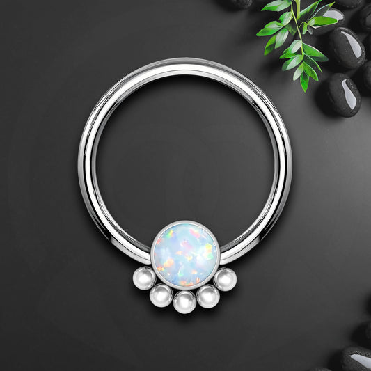 Titanium Captive Bead Ring with White Opal and Five Beads