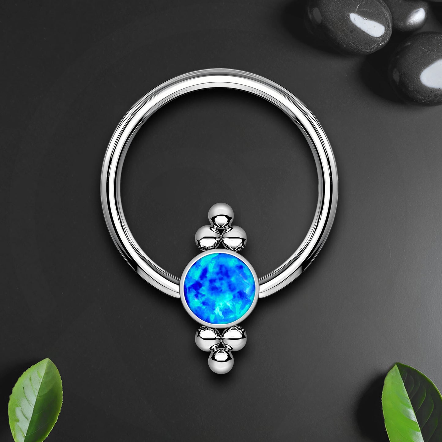 Titanium Captive Bead Ring with Blue Opal and Six Beads