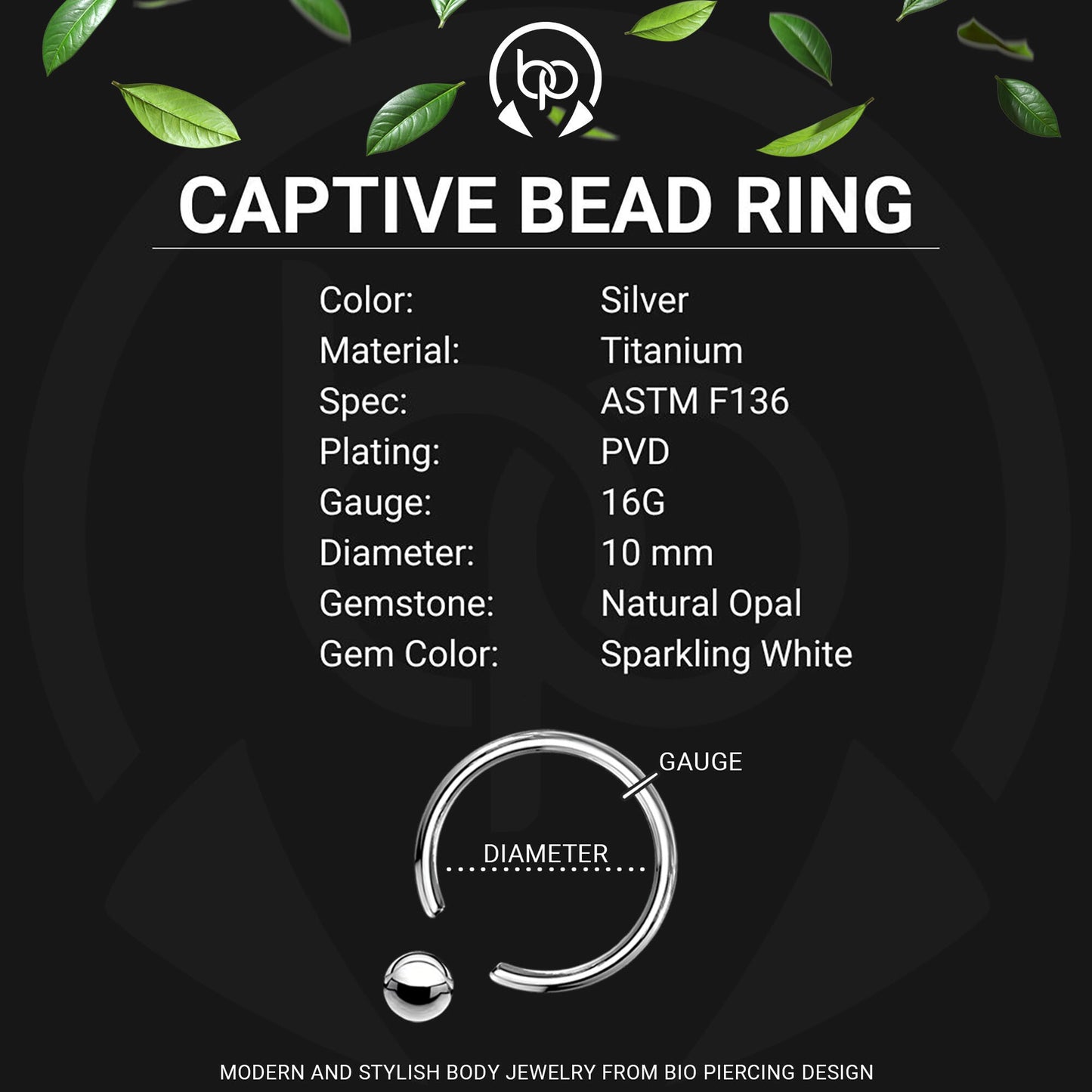 Titanium Captive Bead Ring with Four White Opal Set