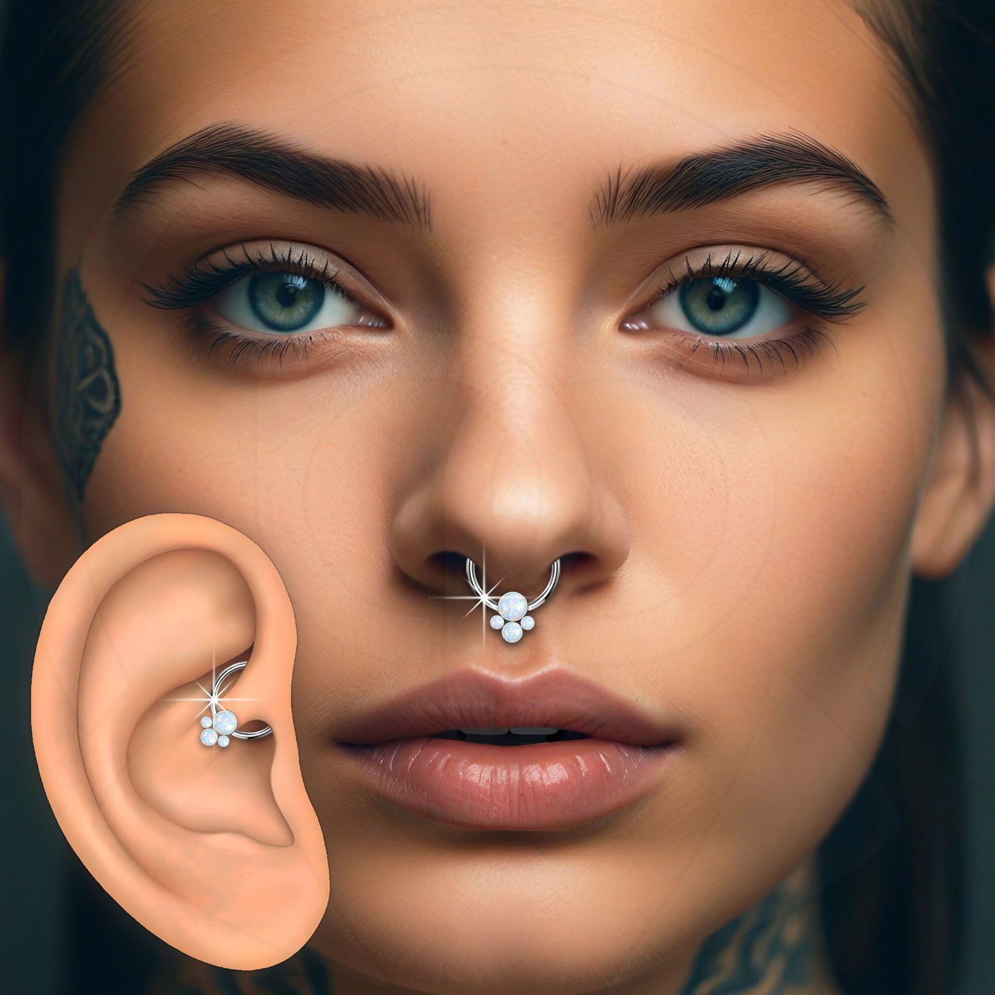 Titanium Captive Bead Ring with Four White Opal Set