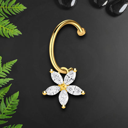Surgical Steel Fake Lip Ring with Flower Dangle and CZ