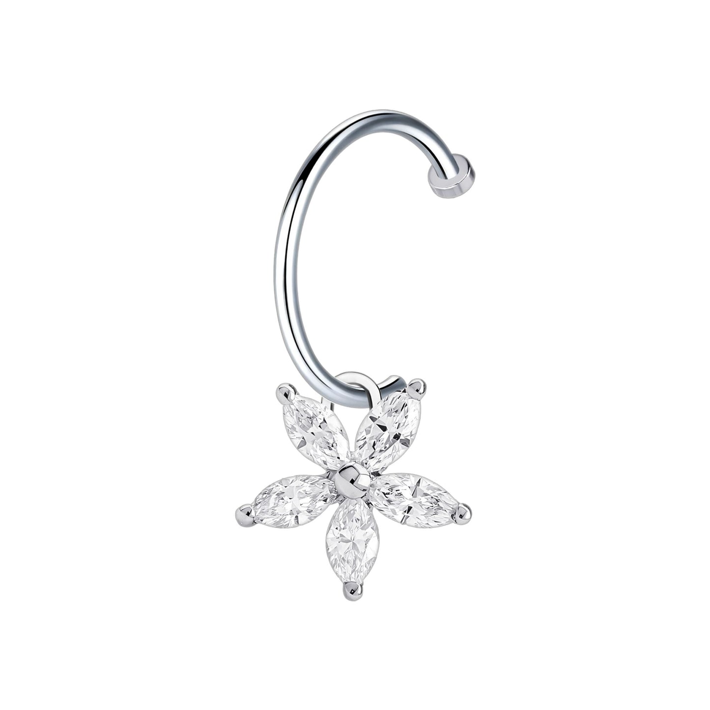 Surgical Steel Fake Lip Ring with Flower Dangle and CZ