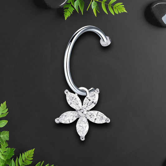 Surgical Steel Fake Lip Ring with Flower Dangle and CZ