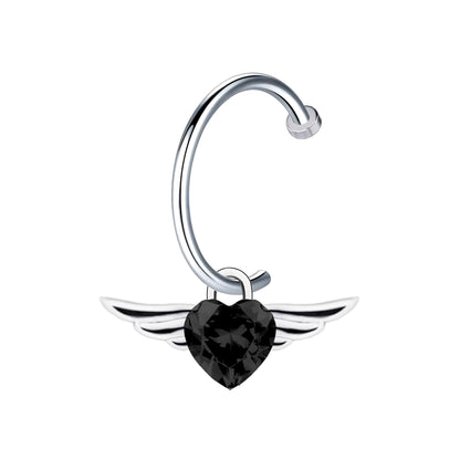 Surgical Steel Fake Lip Ring with Flying Heart and Black CZ
