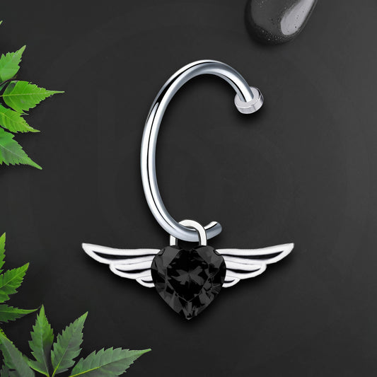 Surgical Steel Fake Lip Ring with Flying Heart and Black CZ