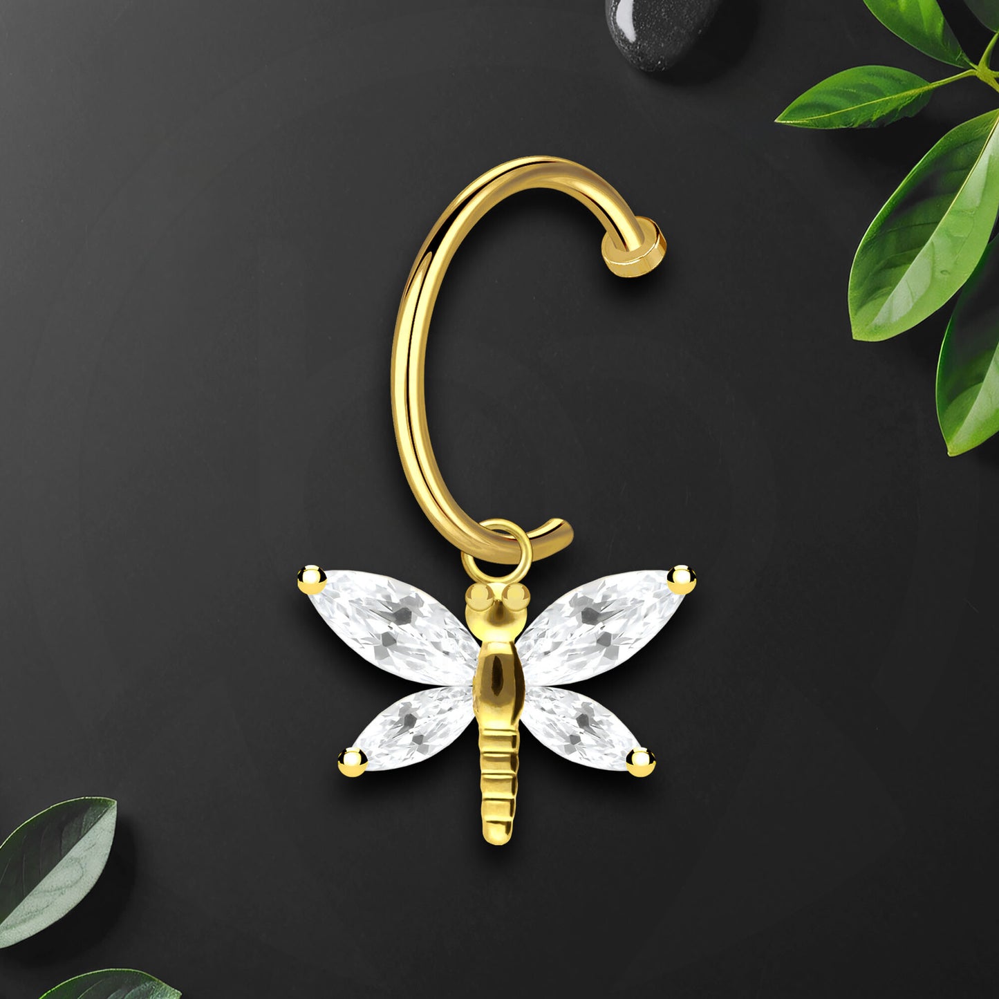 Surgical Steel Fake Lip Ring with Crystal Butterfly Dangle