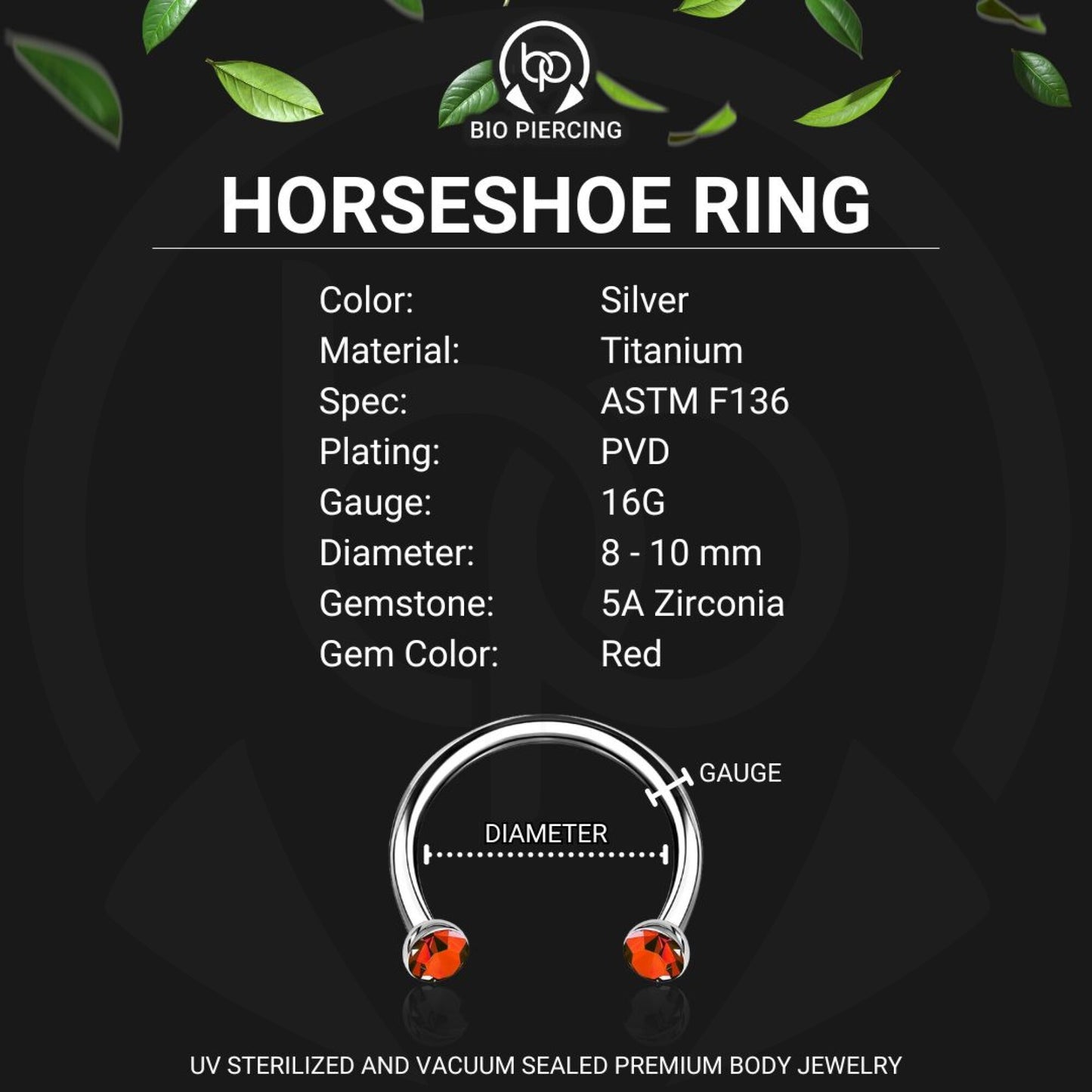 Titanium Horseshoe Ring with Red Crystals