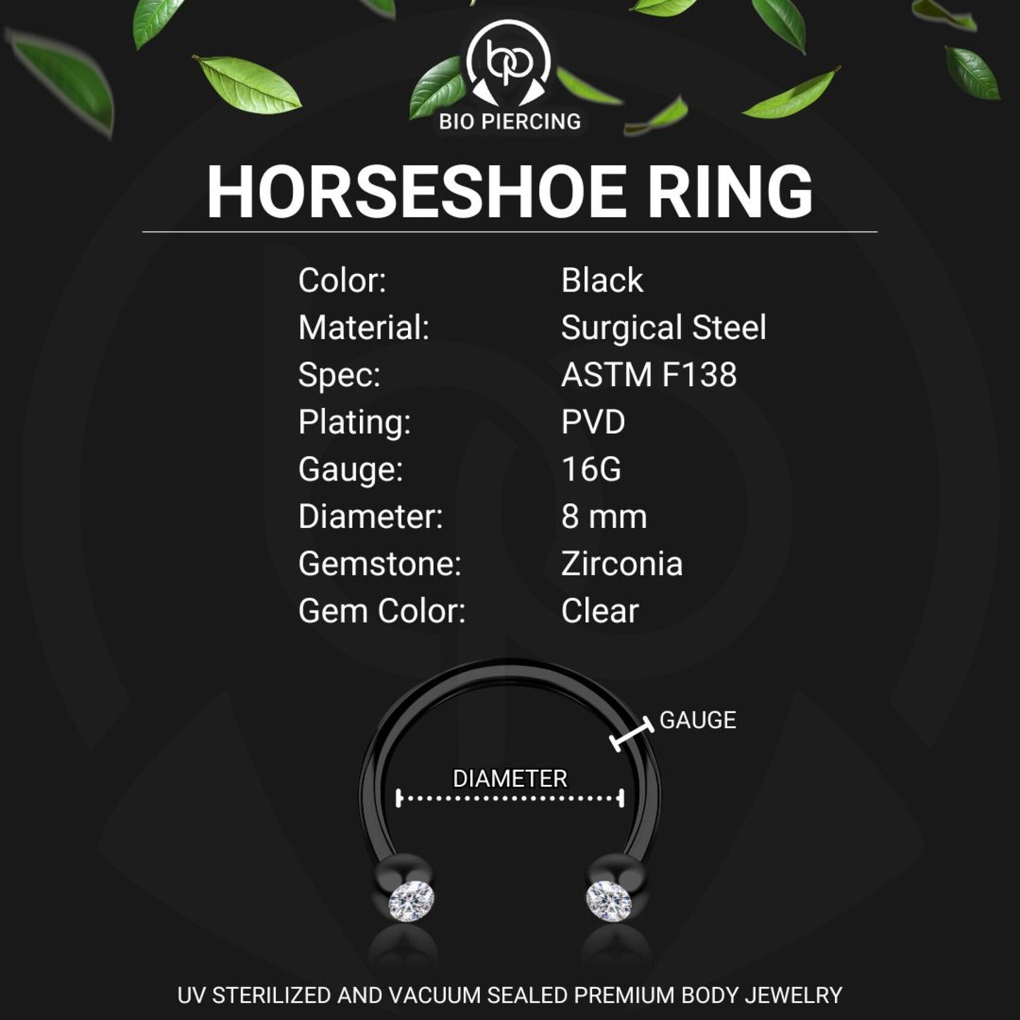 Surgical Steel Horseshoe Ring in Black with Clear CZ