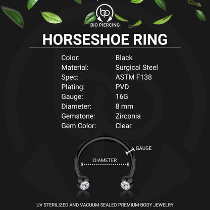 Surgical Steel Horseshoe Ring in Black with Clear CZ