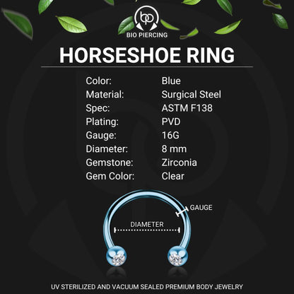 Surgical Steel Horseshoe Ring in Blue with Clear CZ