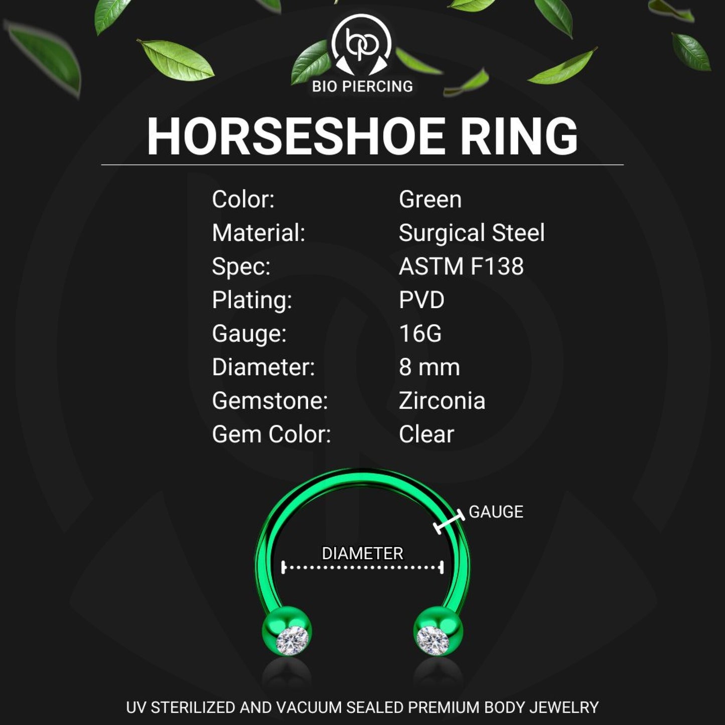 Surgical Steel Horseshoe Ring in Green with Clear CZ