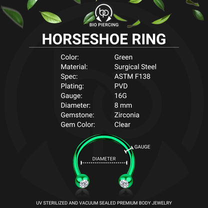 Surgical Steel Horseshoe Ring in Green with Clear CZ