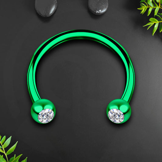 Surgical Steel Horseshoe Ring in Green with Clear CZ