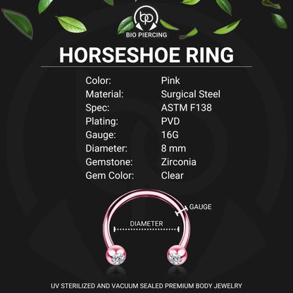 Surgical Steel Horseshoe Ring in Pink with Clear CZ
