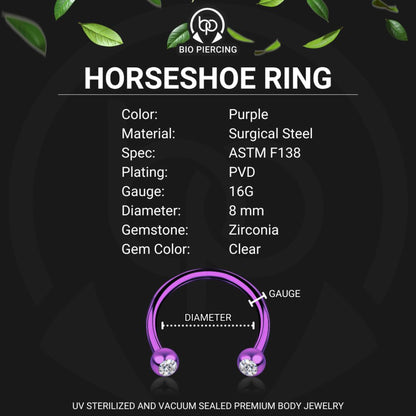 Surgical Steel Horseshoe Ring in Purple with Clear CZ