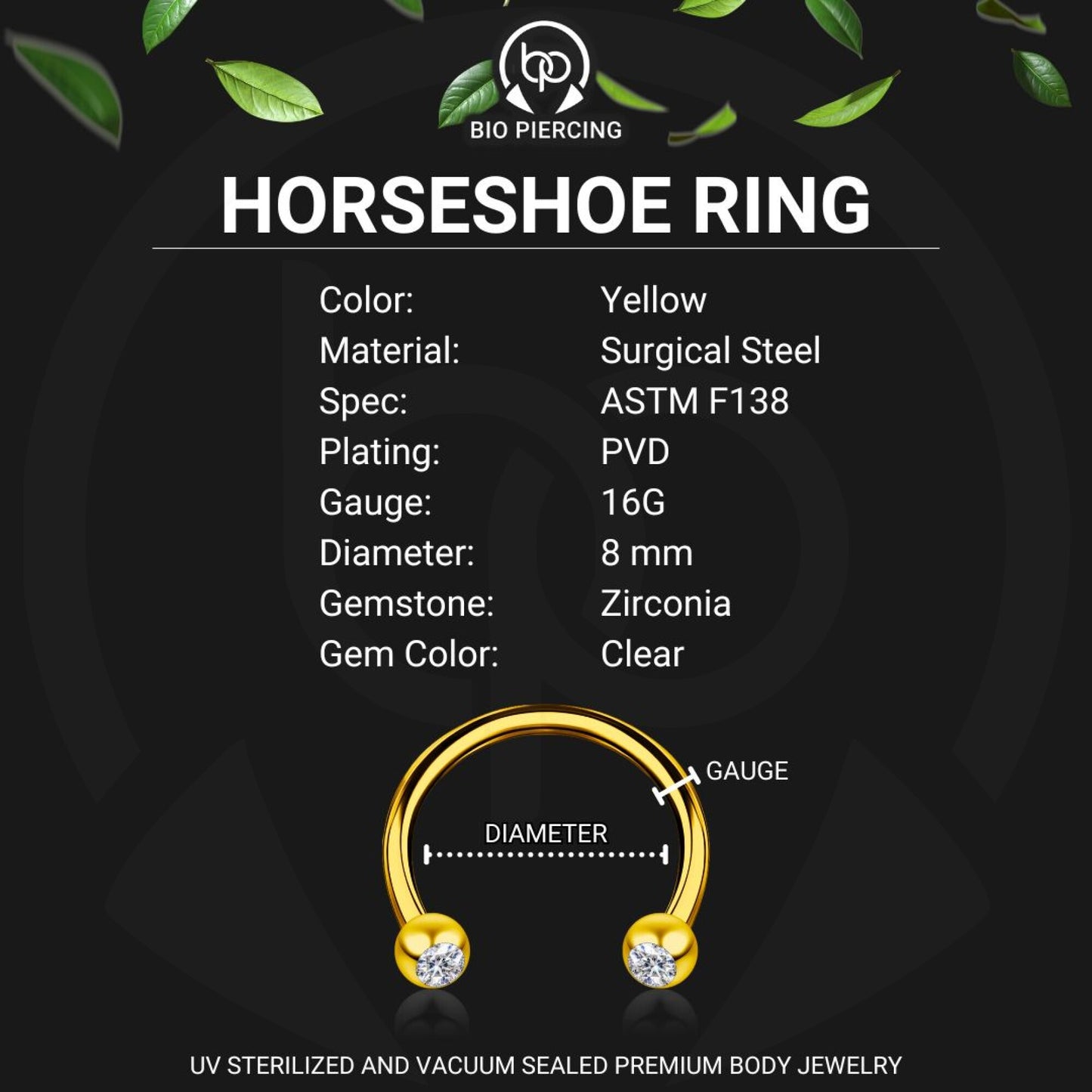 Surgical Steel Horseshoe Ring in Yellow with Clear CZ