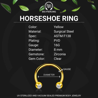 Surgical Steel Horseshoe Ring in Yellow with Clear CZ