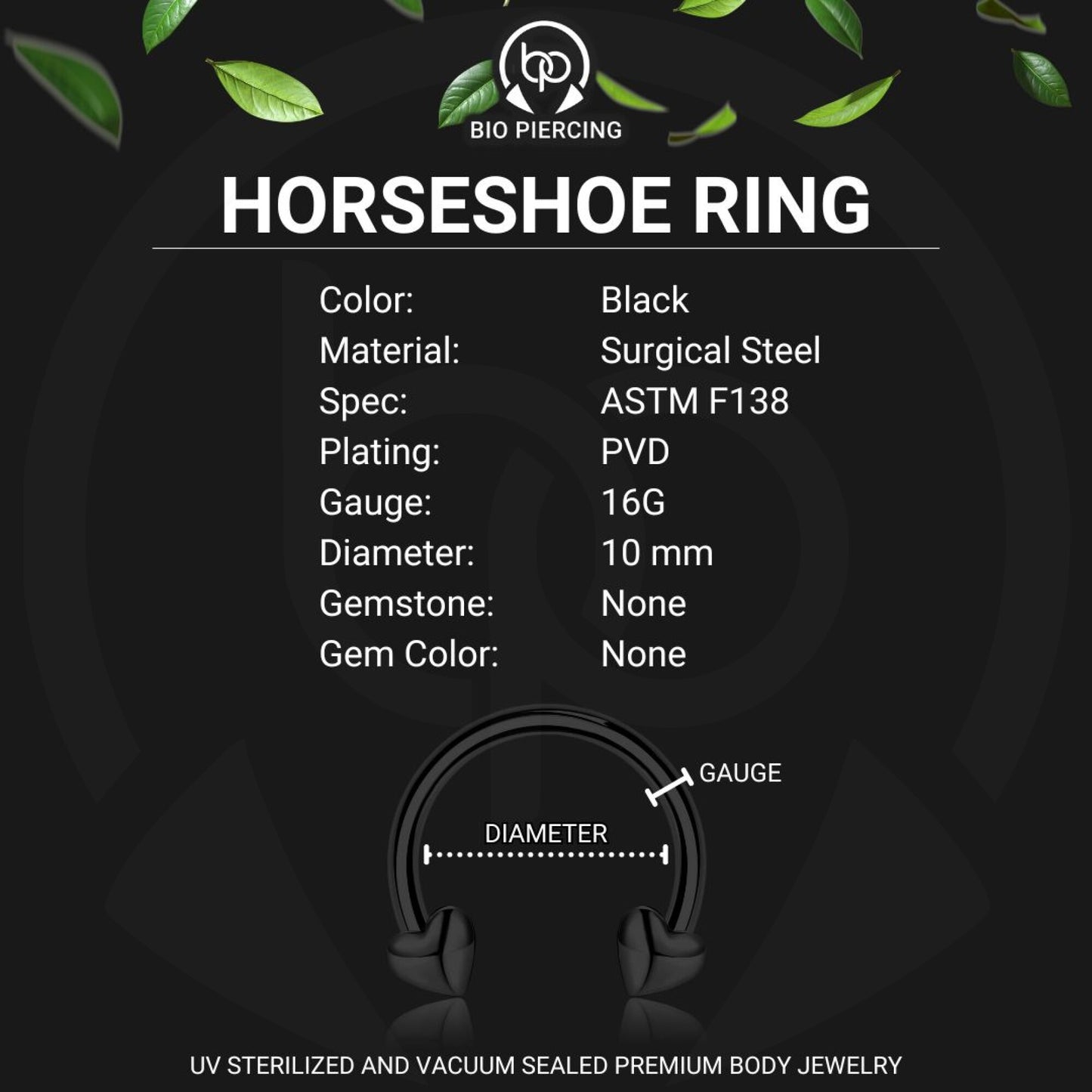 Surgical Steel Horseshoe Ring with Black Hearts