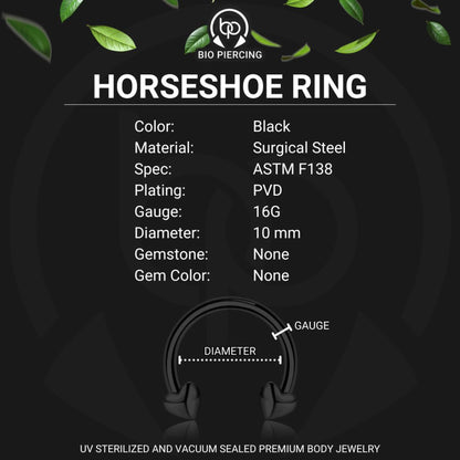 Surgical Steel Horseshoe Ring with Black Hearts