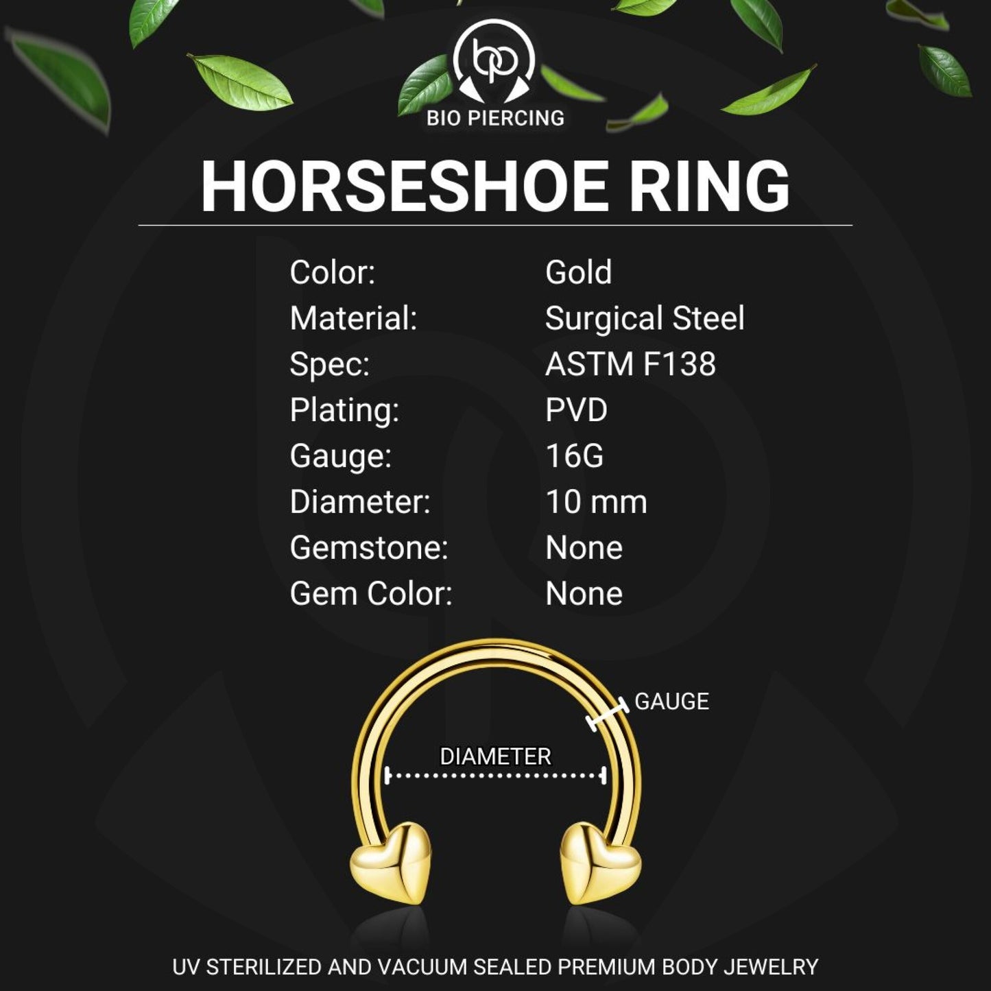 Surgical Steel Horseshoe Ring with Gold Hearts