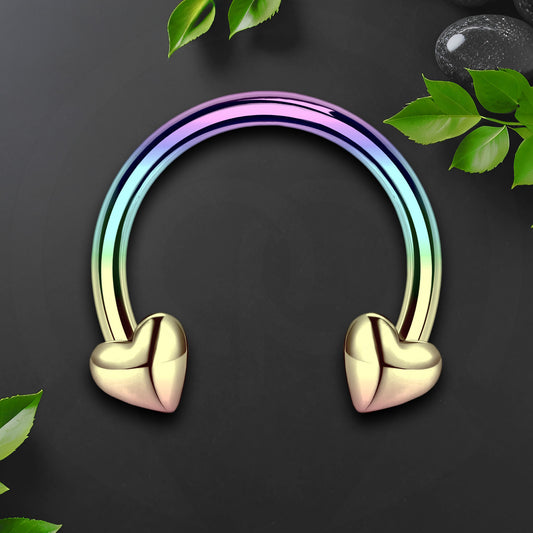 Surgical Steel Horseshoe Ring with Rainbow Hearts