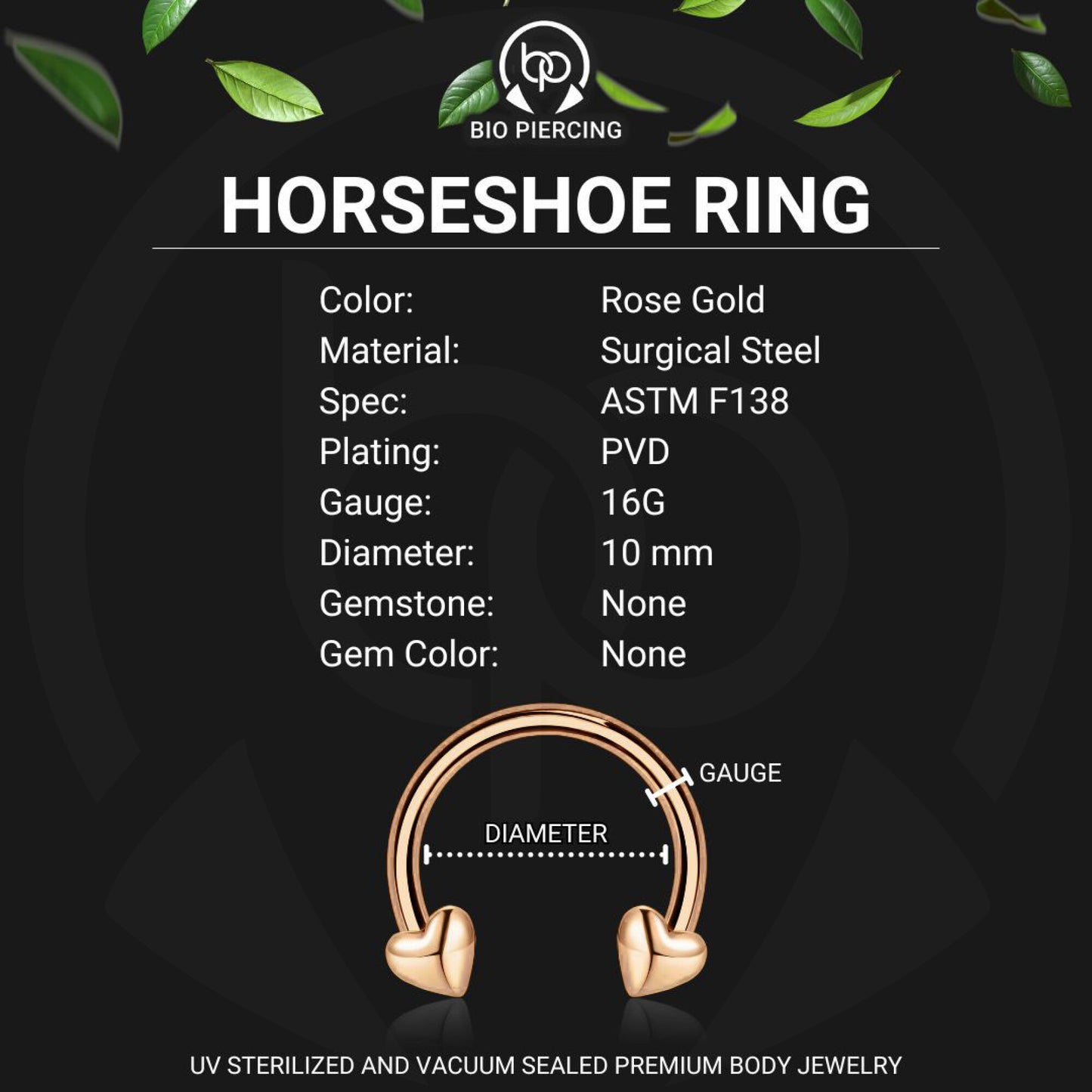 Surgical Steel Horseshoe Ring with Rose Gold Hearts