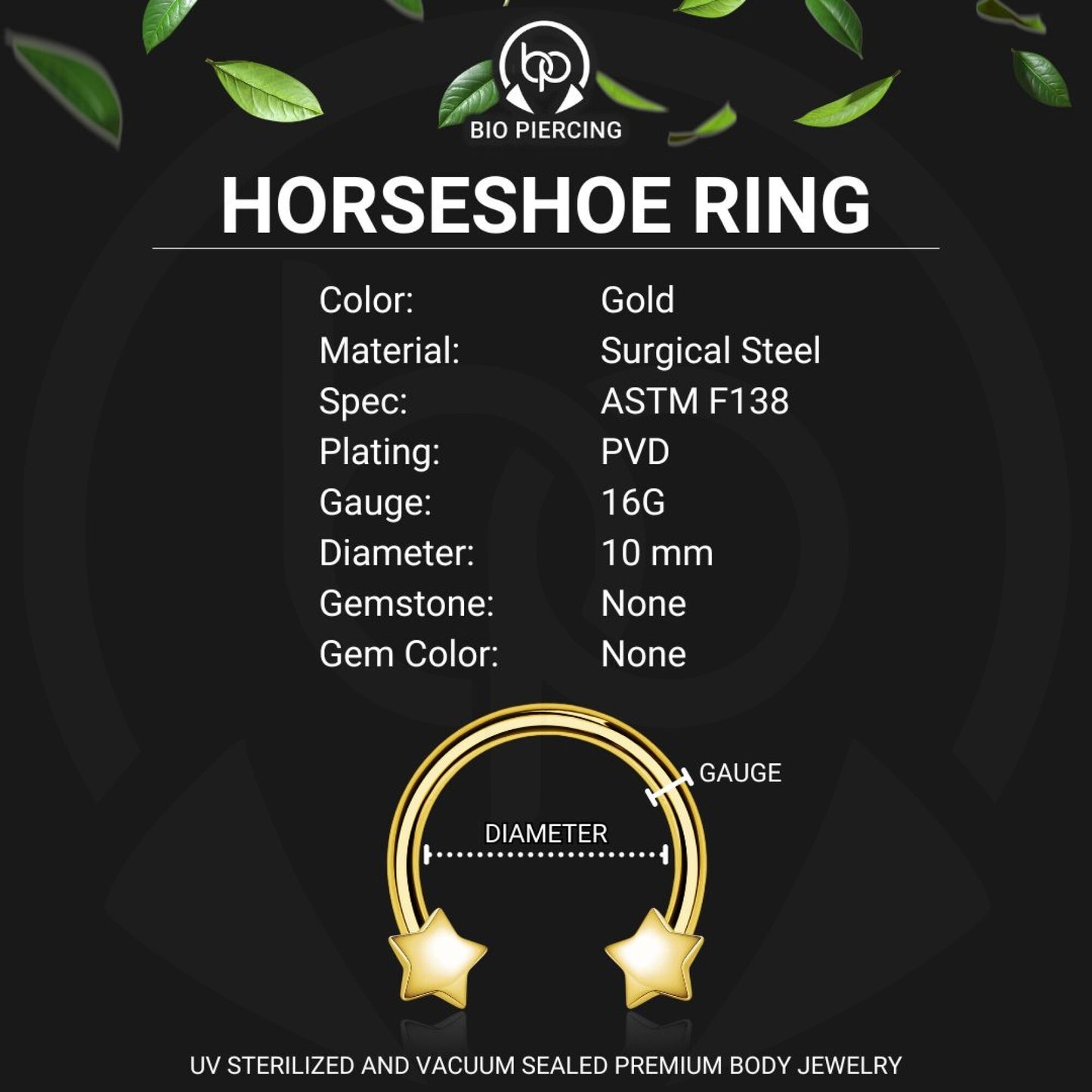 Surgical Steel Horseshoe Ring with Gold Stars