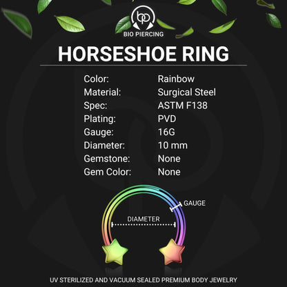 Surgical Steel Horseshoe Ring with Rainbow Stars