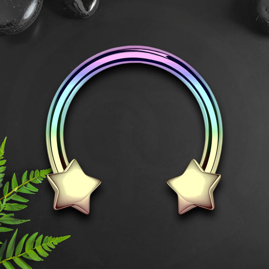 Surgical Steel Horseshoe Ring with Rainbow Stars