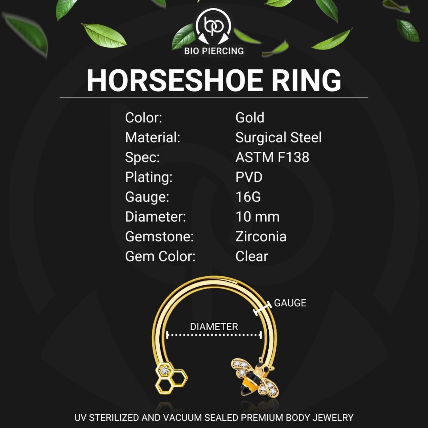 Surgical Steel Horseshoe Ring with Cute Bee