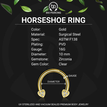 Surgical Steel Horseshoe Ring with Crystal Hearts