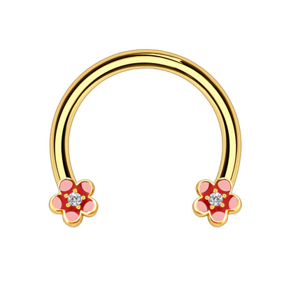 Surgical Steel Horseshoe Ring with Red Flowers