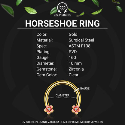Surgical Steel Horseshoe Ring with Red Flowers