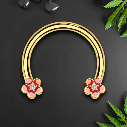 Surgical Steel Horseshoe Ring with Red Flowers