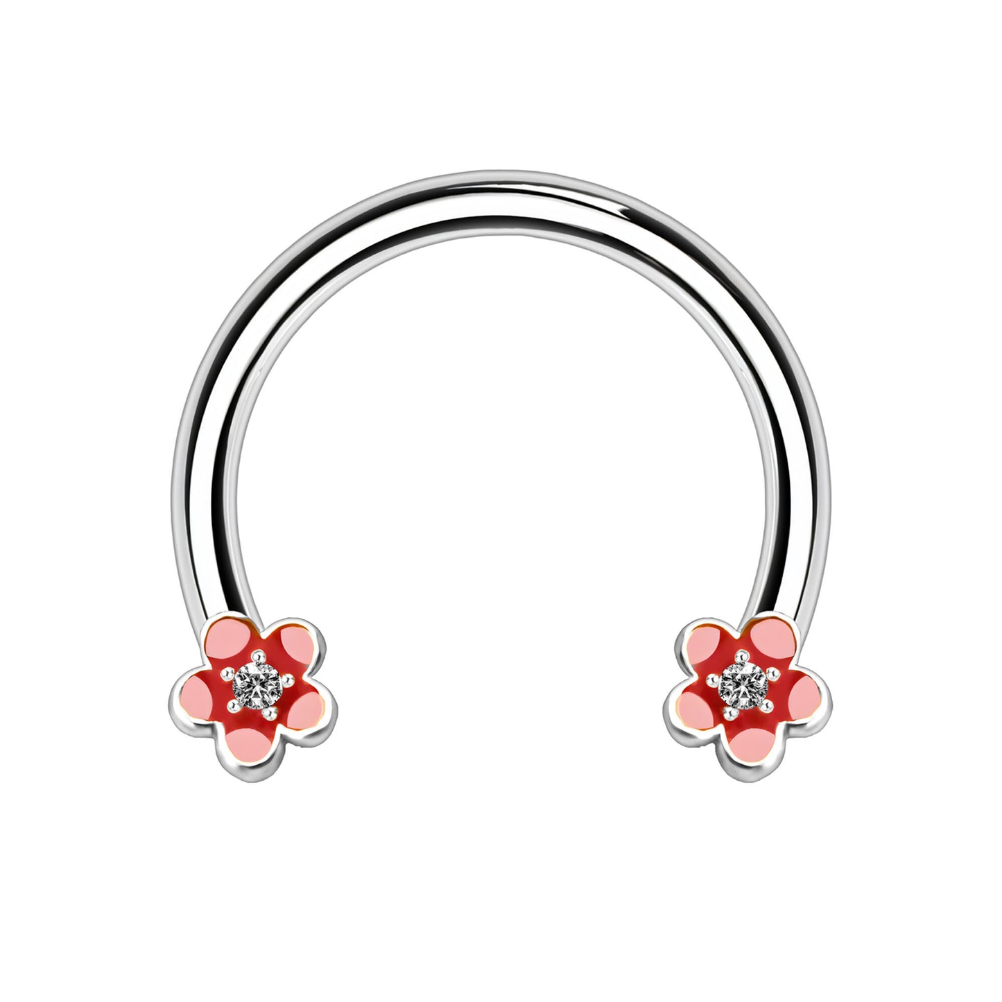 Surgical Steel Horseshoe Ring with Red Flowers
