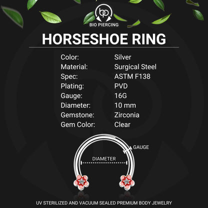 Surgical Steel Horseshoe Ring with Red Flowers