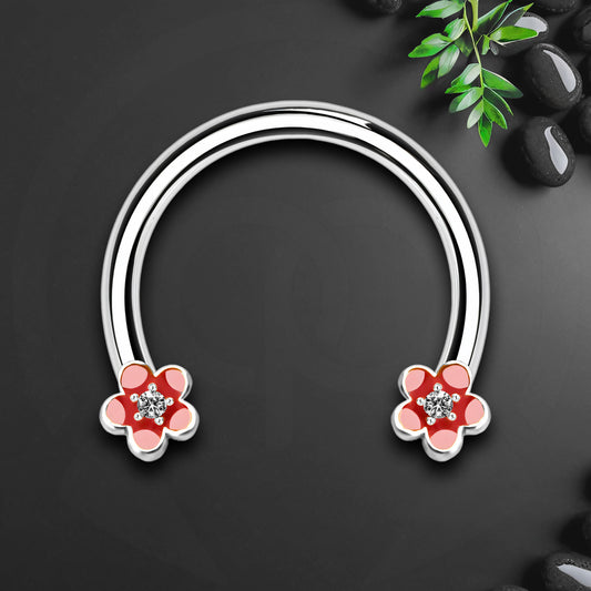 Surgical Steel Horseshoe Ring with Red Flowers