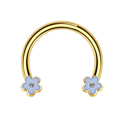 Surgical Steel Horseshoe Ring with Blue Flowers
