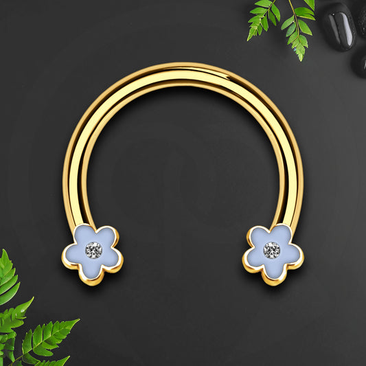 Surgical Steel Horseshoe Ring with Blue Flowers