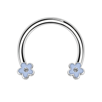 Surgical Steel Horseshoe Ring with Blue Flowers