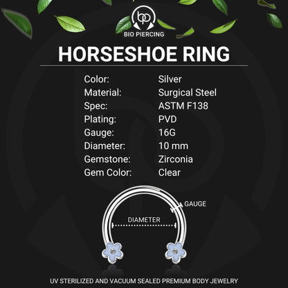 Surgical Steel Horseshoe Ring with Blue Flowers
