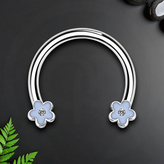Surgical Steel Horseshoe Ring with Blue Flowers