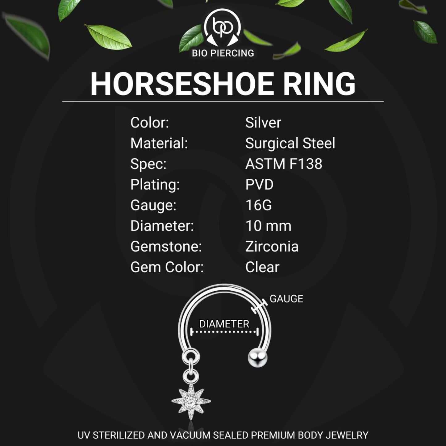 Surgical Steel Horseshoe Ring with Star Dangle