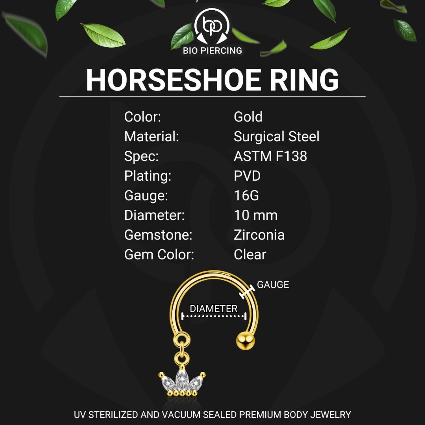 Surgical Steel Horseshoe Ring with Crown Dangle