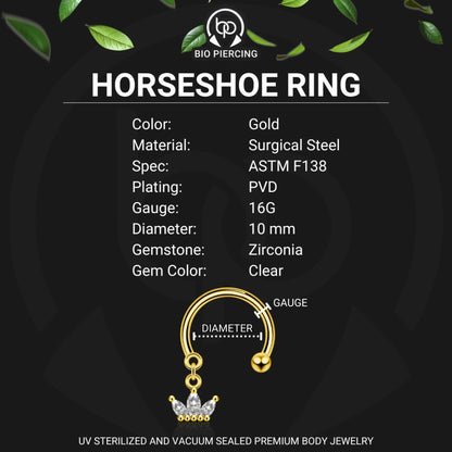 Surgical Steel Horseshoe Ring with Crown Dangle