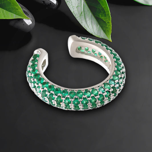 Platinum Plated Ear Cuff in Thick Style with Green CZ