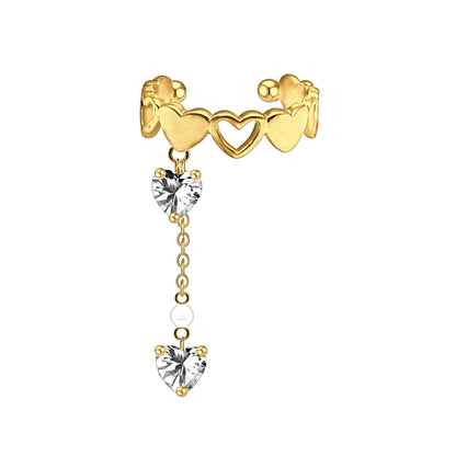 Gold Plated Ear Cuff with Crystal Hearts and Chain