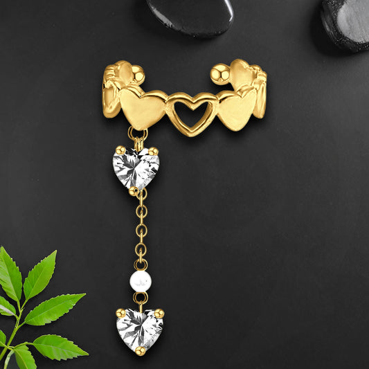 Gold Plated Ear Cuff with Crystal Hearts and Chain